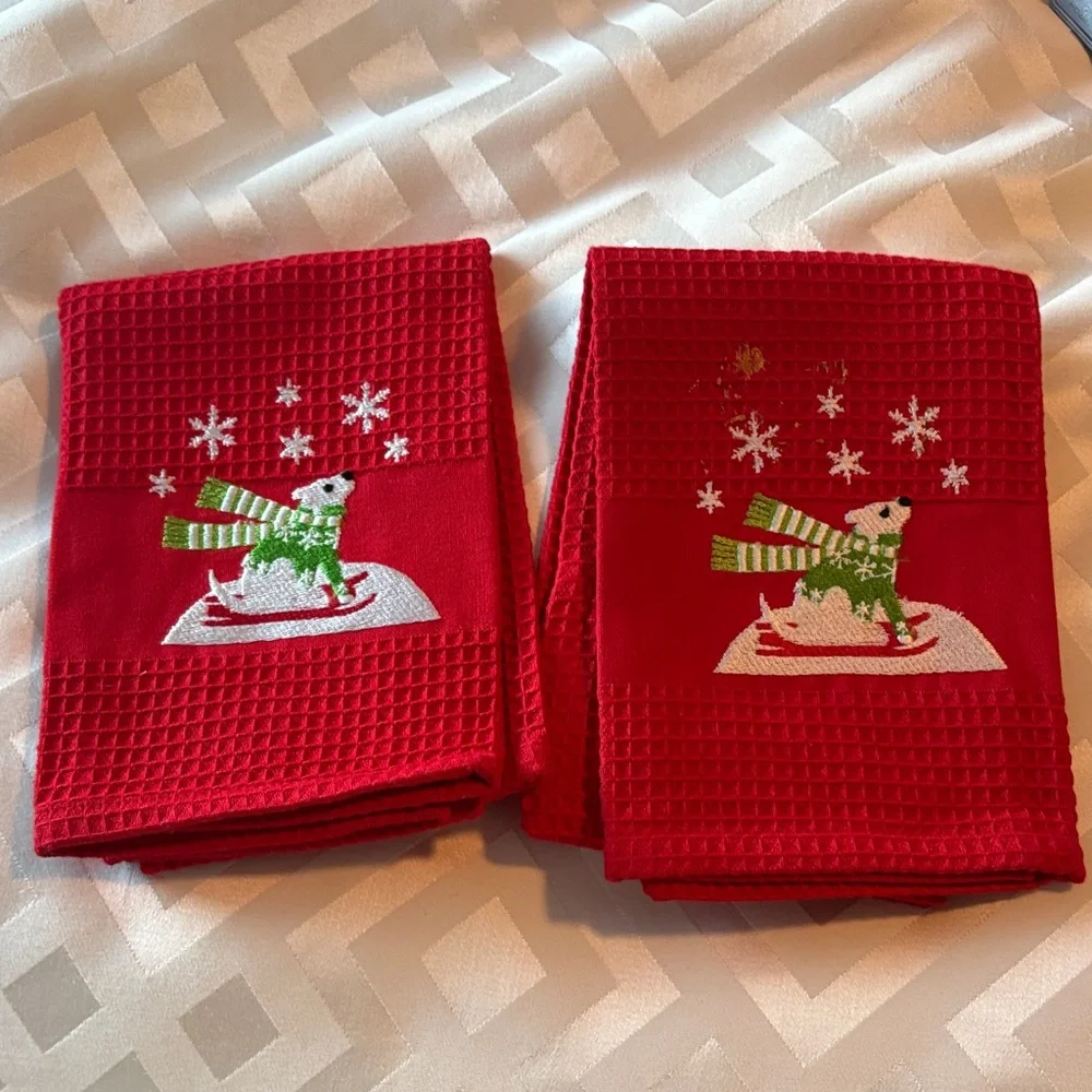 Crate&Barrel Red Kitchen Towels with Snowman Design
